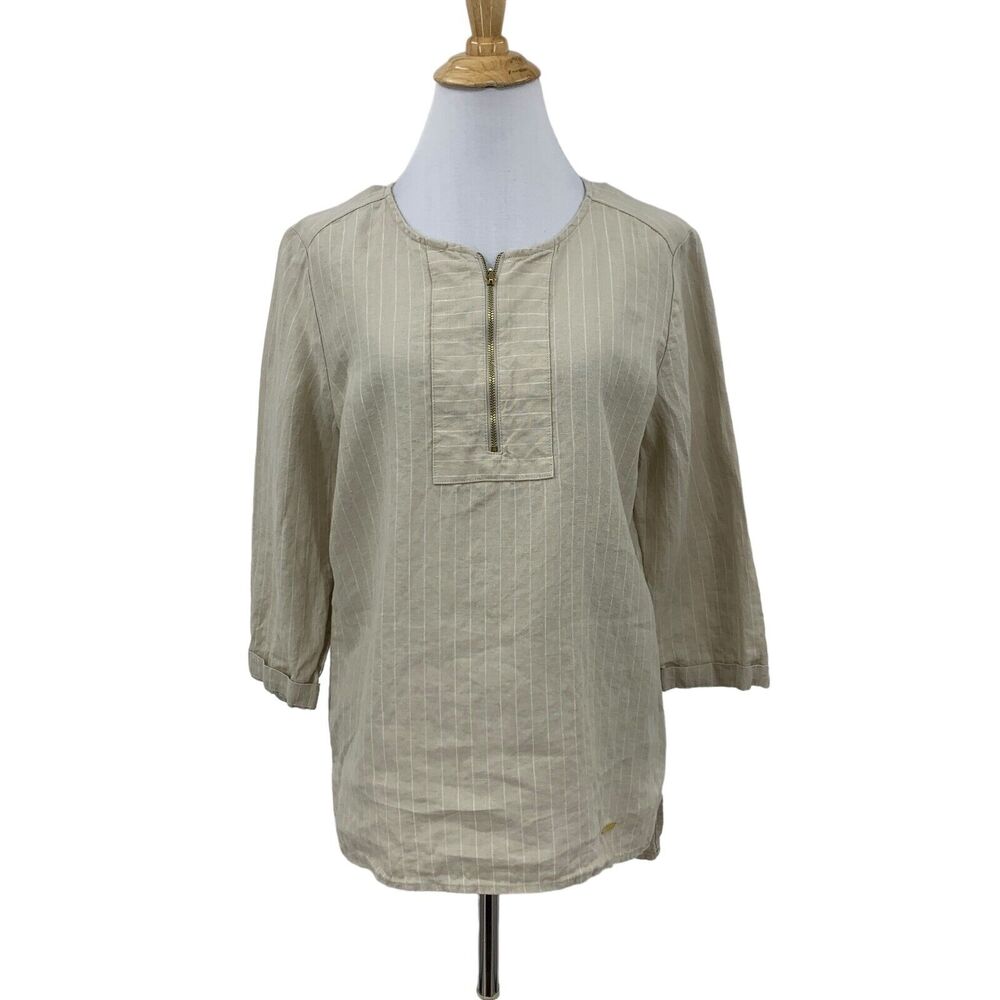 Ellen Linen Tracy Top Womens S Small Oat Pin Striped Tassel Zip Quarter Sleeve